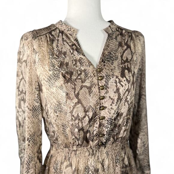 Anthropologie Aryn K 100% Silk Puff Sleeve Python Snakeskin Smocked Dress S ASO - Picture 4 of 14